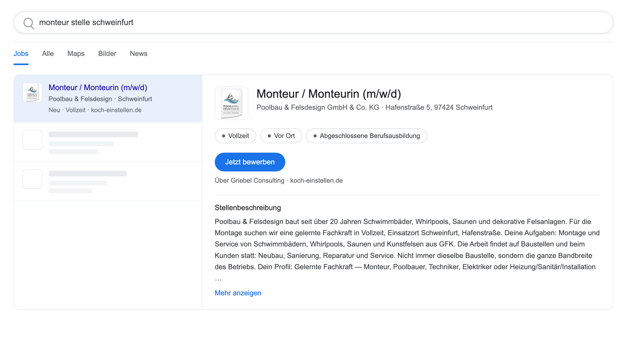 Die Stelle in der Google-Jobsuche